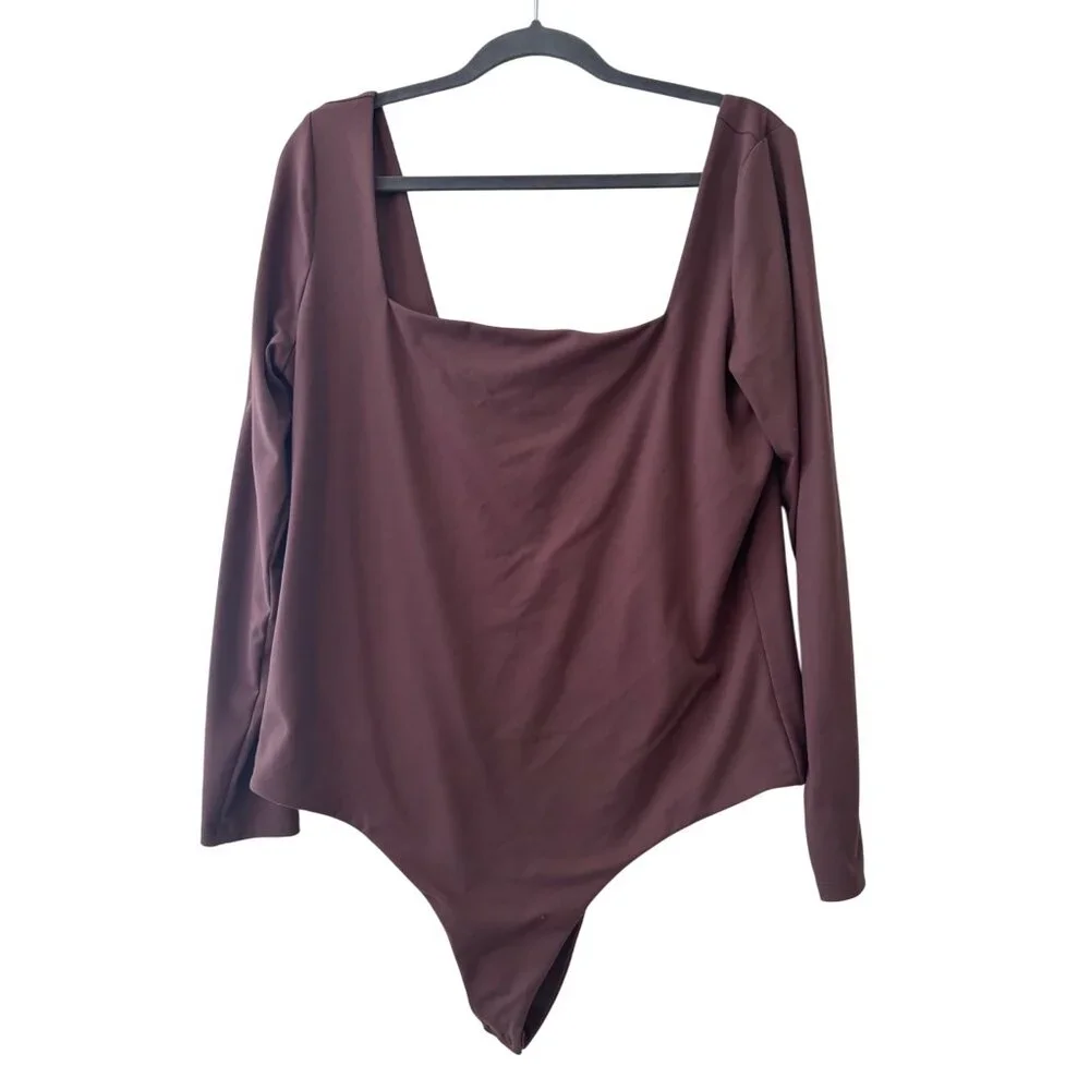 Nuuds Coffee Long Sleeve Square Neck Thong Style Bodysuit - Picture 7 of 10